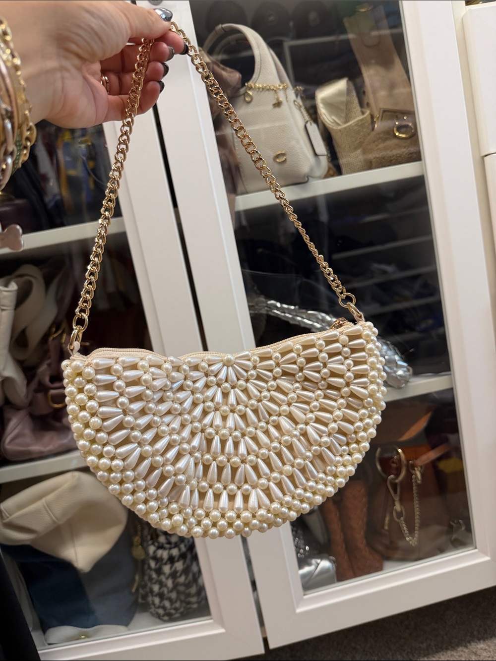Pearl-Beaded Half-Moon Clutch in Cream with Gold Chain